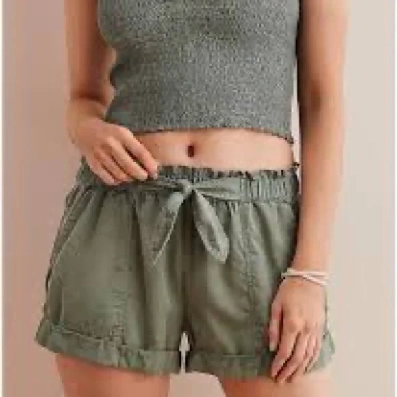 Pants - Aerie Green Camp Shorts High Waist Paperbag Mom Drawstring Cargo Shorts
